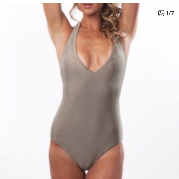 Bellissima Other - Bellissima Swimsuit NWT Swarovski Crystals Vneck One Piece Gray/Brown Wms Med